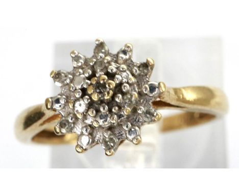 9ct gold diamond cluster ring, size K/L, 1.6g. P&amp;P Group 1 (£14+VAT for the first lot and £1+VAT for subsequent lots) 