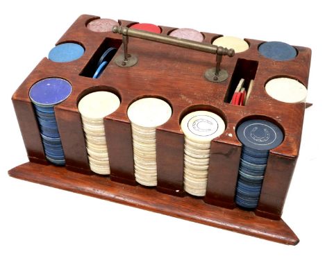 Early 20th century poker-chip rack, with contents, for restoration, 29 x 20 x 10 cm H. P&amp;P Group 2 (£18+VAT for the first