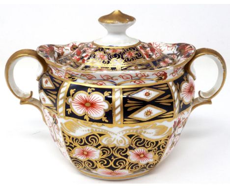 Royal Crown Derby twin handled covered pot, H: 13 cm, with damages. P&amp;P Group 1 (£14+VAT for the first lot and £1+VAT for