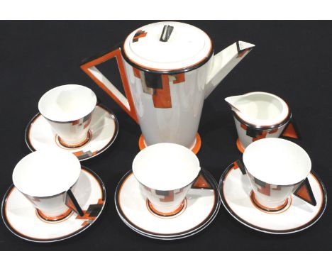 Shelley coffee service of twelve pieces, in the Orange Blocks pattern, number 11786, crack to base of one cup, otherwise good