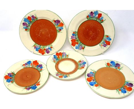 Clarice Cliff Bizarre saucer and four side plates, (no cracks or chips, marks to paint (5). P&amp;P Group 2 (£18+VAT for the 