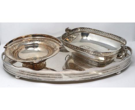 Large silver plated galleried tray, L: 60 cm, with a Mappin &amp; Webb swing handled bowl and a basket. P&amp;P Group 3 (£25+