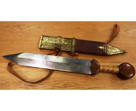 Heavy reproduction Roman Gladius with metal and leather scabbard, blade L: 49 cm. P&amp;P Group 2 (£18+VAT for the first lot 