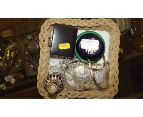 A tray containing a scent bottle; a bangle; costume jewellery etc.