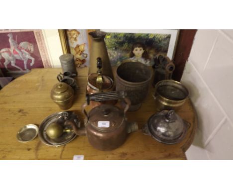 A quantity of various metalware to include copper kettles; a brass jug; jardinieres; a blow lamp etc.