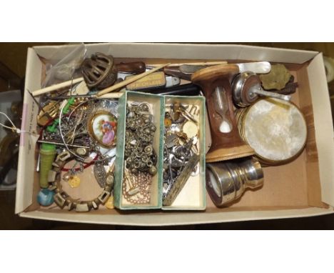 A box of costume jewellery; an egg timer etc.