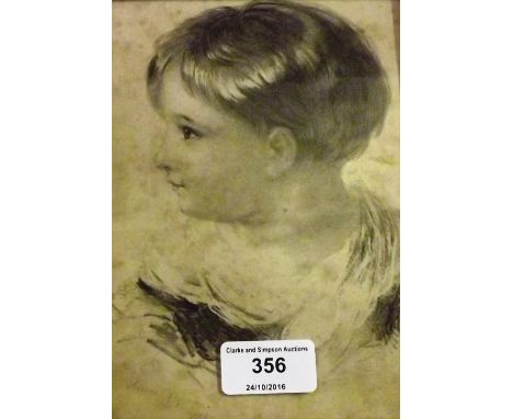 A coloured print of a spaniel and a gilt framed portrait study of a young child dated 1836