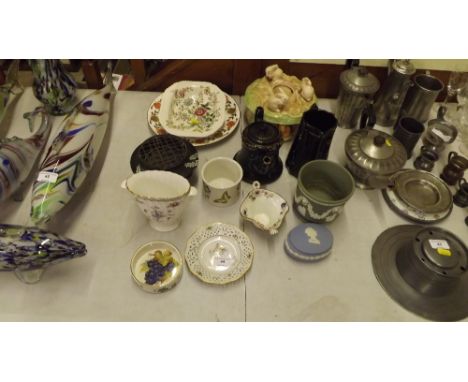 A Spode floral decorated vase; a Wedgwood Jasperware vase; a Copeland dish; a Royal Crown Derby plate etc.