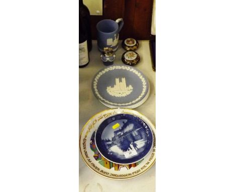 A Royal Copenhagen Christmas plate; a Wedgwood Jasper ware Christmas plate and similar mug and table lighter; two porcelain t