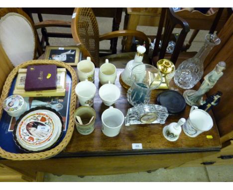 A quantity of various Commemorative china together with a glass and brass candle stand; a Waterford glass mantel clock etc.