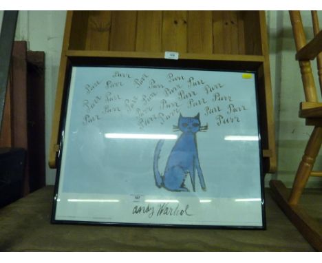 After Andy Warhol, coloured print of a blue cat 