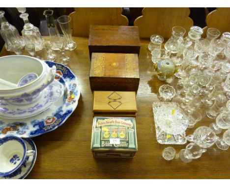 Three various wooden trinket boxes and a tin containing buttons