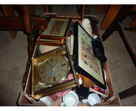 A box containing various china; a mantel clock etc.