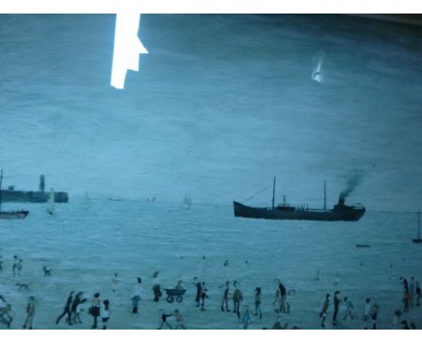 A coloured print after L S Lowry; one other depicting a ship on stormy seas; and two other prints 