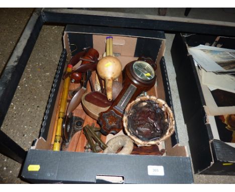 A box of wooden ware to include a barometer
