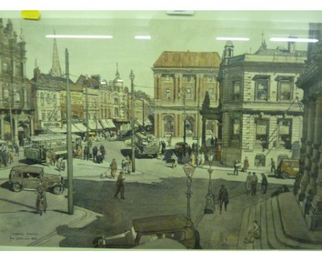 After Leonard Squirrell, coloured print depicting the Cornhill Ipswich