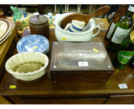 A Victorian rosewood trinket box; a white glazed chamber pot; a stoneware jelly mould etc.