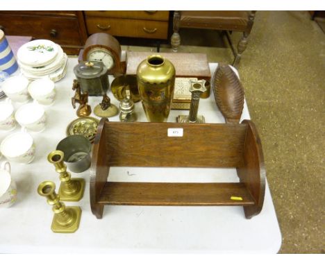 An oak book trough; an Eastern brass vase; brass candlesticks and various other wooden and metalware