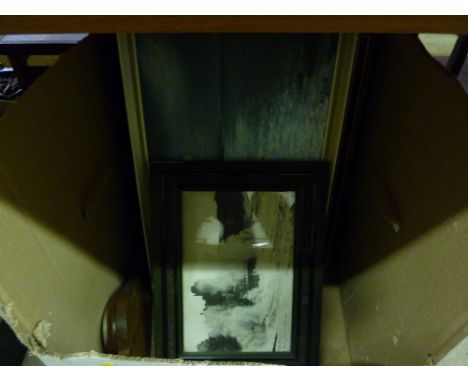 A box of pictures and prints and a barometer