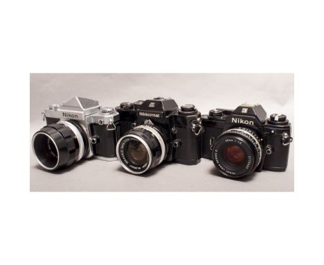 Nikon SLR Cameras, a F2 with Micro Nikkor 55mm f/3.5 lens, a Nikkormat EL with a Nikkor S 35mm f/2.8 lens and a Nikon EM with