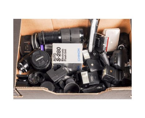 A Tray of Camera Accessories, lenses including Tamron 28-300mm f/3.5-6.3 together with various flash accessories, (some boxed