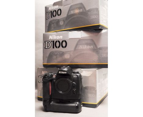 Nikon D100 DSLR Camera Bodies, (3) in manufacturer's boxes with various software, spare batteries and 1 charger