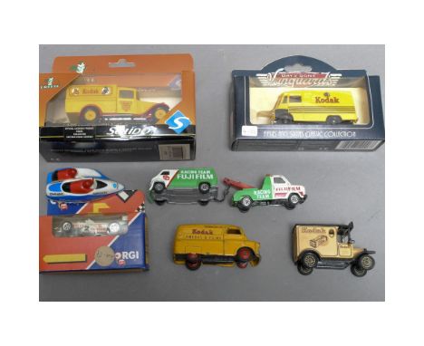 Camera Related Toy Cars and Trucks, some boxed, advertising Kodak, Fujifilm and Minolta Dynax