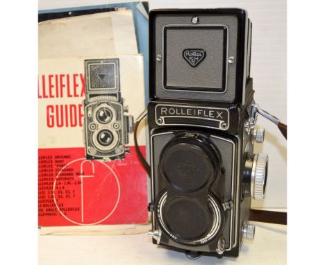 Rolleiflex T TLR Camera, grey, no 2128728 Tessar 75mm f/3.5 shutter sticking, with leather strap and instruction manual