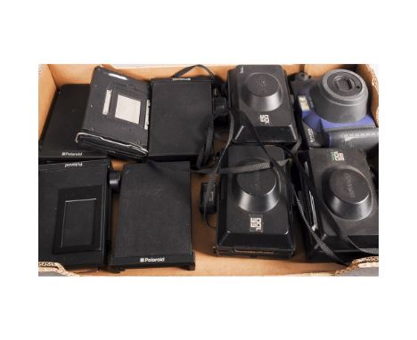 Polaroid Cameras, three Polaroid 100 EE cameras, a Fujifilm instax 100 together with Polaroid backs