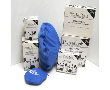 Portaflash Studio Lighting Equipment,  including a 440VM studio flash, a 336VM mini studio flash, barn doors, tilt bracket an
