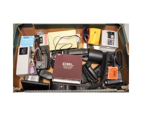 A Tray of Camera Related Accessories, including flash units, power winder, light meters and more