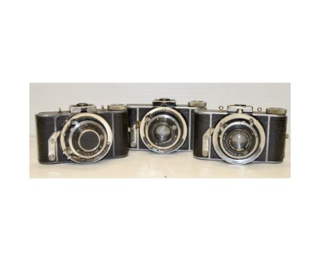 Ihagee Parvola 3x4cm Cameras,  two examples, one with a Tessar 5cm f/2.8 lens, one Anastigmat 7cm f/4.5 together with an earl