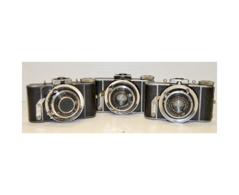 Ihagee Parvola 3x4cm Cameras,  two examples, one with a Tessar 5cm f/2.8 lens, one Anastigmat 7cm f/4.5 together with an earl