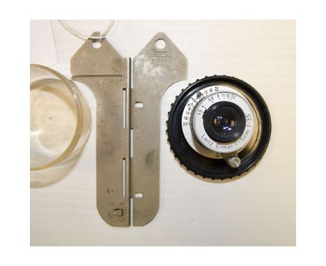 Leitz Lens, 5cm Elmar 'red scale' f/3.5 no. 1049044 screw mount, body G, optics F, some dust, together with a Leitz ABLON fil