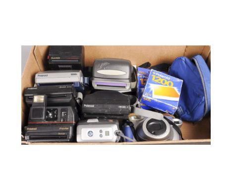 A Tray of Polaroid Cameras, including a Polaroid 1200i, Polaroid Image Elite, Fujifilm instax 200 and a few other examples. A