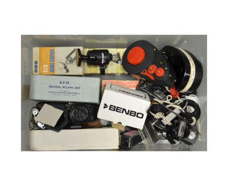 Camera Related Accessories, Benbo 1½in. ball and socket head, Prinz66 35mm film loaders, an assortment of lens adapters, ligh