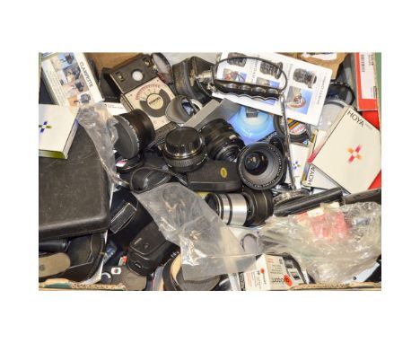 A Tray of Camera Parts and Accessories,  including 2 Leitz Motor winders, various lens adapters and converters, light meters,