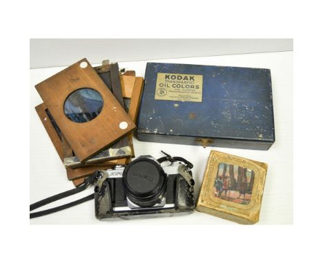 Mahogany Mounted Magic Lantern Slides, 5 single slipper slides and two static, together with a Canon AV-1 SLR Camera with a 5