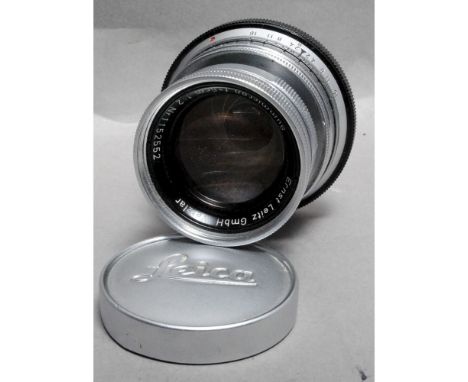 Leica 50mm Summicron Lens, collapsible, chrome finish No 1152552, body G, some internal haze and dust, aperture ring seized