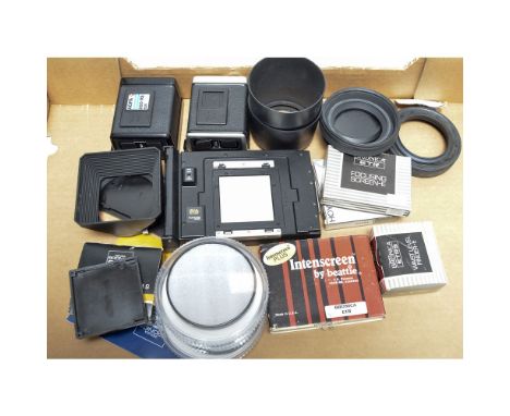 Zenza SQ and ETR Accessories,  a large assortment of accessories including both 120 and 220 film backs for a ETR series camer