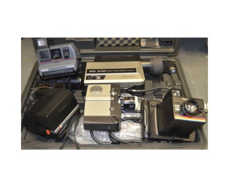 Polaroid Cameras,  an instant 10, 635 supercolour, and a impulse together with a Sankyo 8-cm cine camera and a Hitachi VK C77