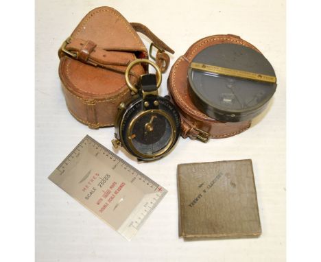 Various Instruments,  J Hicks Watkins clinometer and Verner's Pattern marching compass, both in leather cases, Negretti & Zam