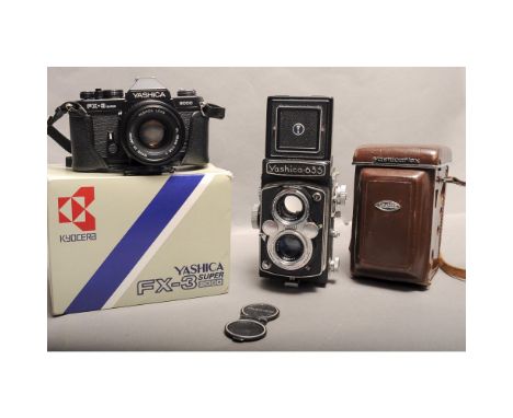 Yashica 635 TLR Camera, Yashikor 80mm f/3.5 lens with maker's leather case, together with a Yashica FX-3 Super 2000 SLR camer