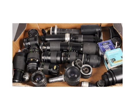 A Tray of Camera Lenses, manufacturers including Canon, Hoya together with a quantity of converters and cine lenses