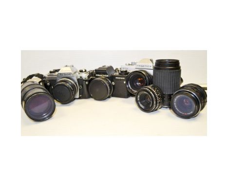 SLR Cameras,  Nikon FG with a series E 50mm f/1.8 lens, a pair of Prakticas (PLC3 & B200) together with lenses including a Ze