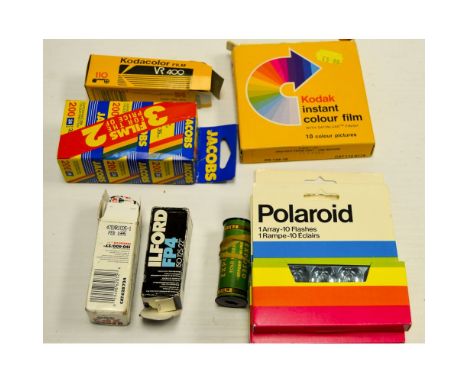 Film Stock, 120 film by Kodak and Ilford, three 35mm films and a Kodak instant colour film (10 Exp) together with Polaroid Fl