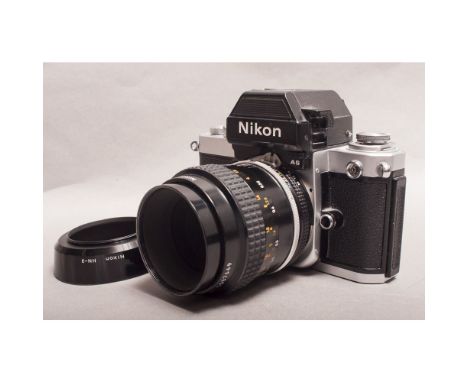 Nikon F2AS Photomic, chrome finish, with Micro Nikkor 55mm f/3.5 lens together with a Nikon HN-3 lens hood 