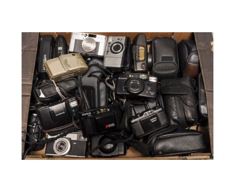 A Tray of Cameras, mostly compact examples either 35mm or APS-C from Nikon, Canon, Rollei, Olympus, Fujifilm Pentax and more