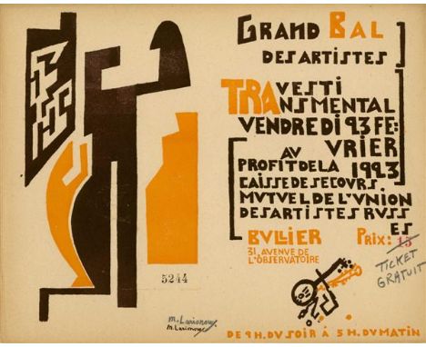 Artist: Mikhail Larionov (Russian, 1881 - 1964). Title: "Grand Bal des Artistes…Travesti Transmental…1923". Medium: Original 