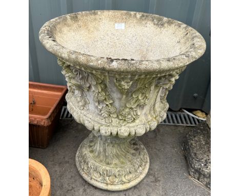 Large concrete ornate garden planter measures approx 24 inches tall by 21 inches diameter 